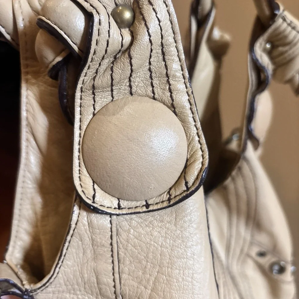 Betsey Johnson Vintage Leather Hobo Tote Bag Beige Studded Boho Shoulder Purse
